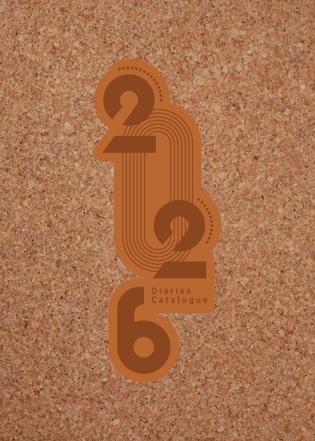 Cork texture background with '2026 Diaries Catalogue' text in brown.